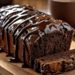 gooey chocolate brownie bread loaf with chocolate drizzle
