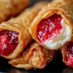 Strawberry Cheesecake Stuffed Eggrolls with creamy filling and strawberry compote