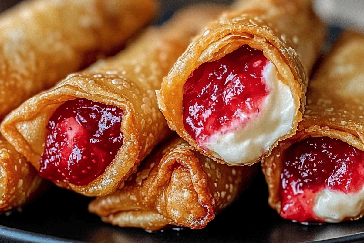 Strawberry Cheesecake Stuffed Eggrolls with creamy filling and strawberry compote