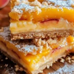 Heavenly Summer Peach Bars with crumb topping and juicy peach filling on rustic board