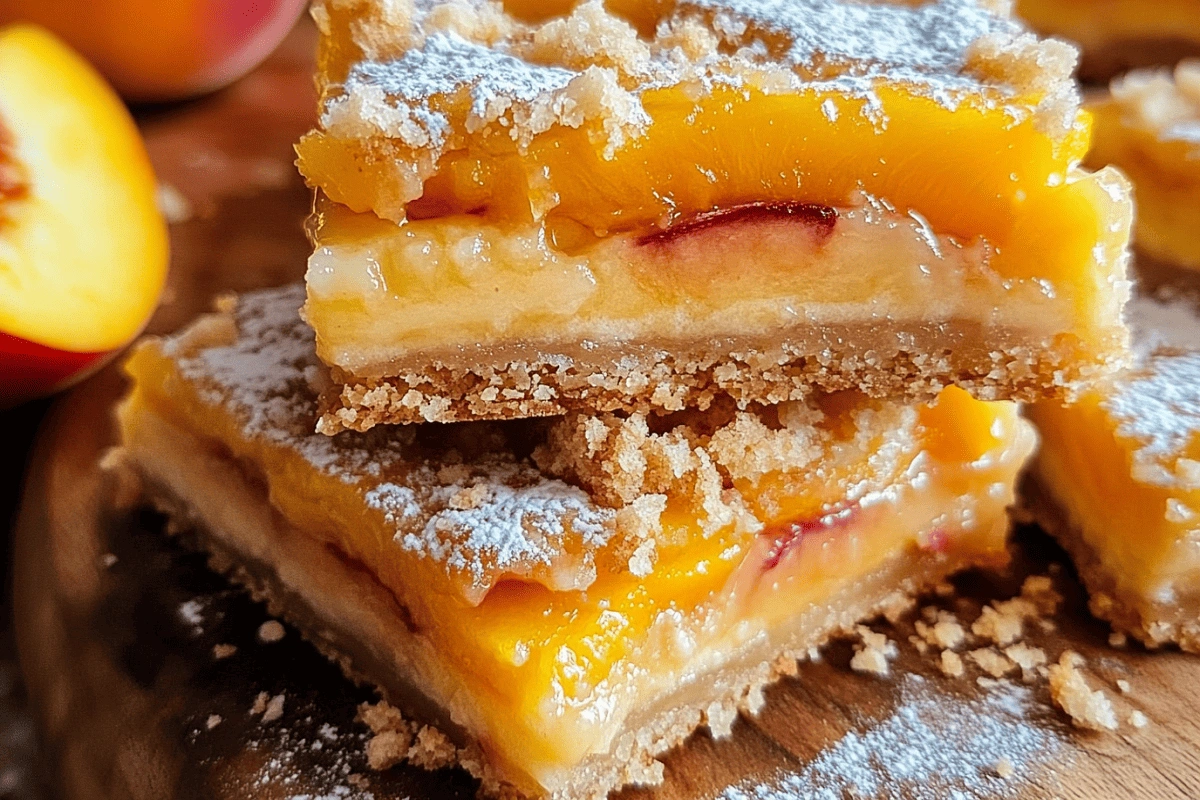 Heavenly Summer Peach Bars with crumb topping and juicy peach filling on rustic board