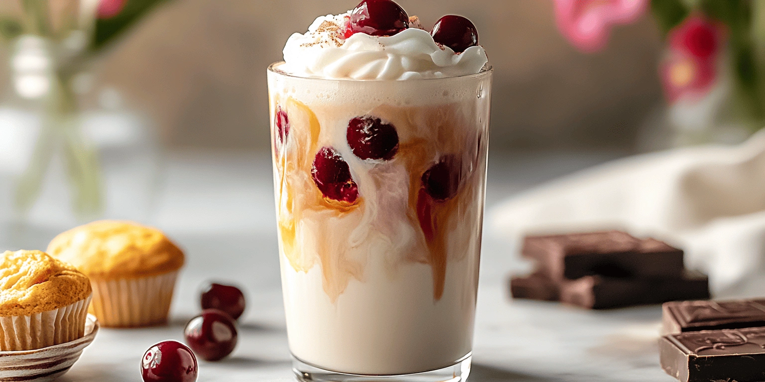 Iced Cherry Chai Latte with whipped cream, cherry syrup, and whole cherries, served with muffins, biscotti, and chocolate on marble