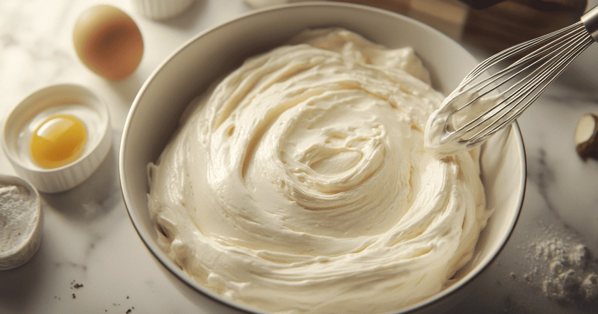 Whipped cheesecake filling in a bowl with whisk and baking ingredients