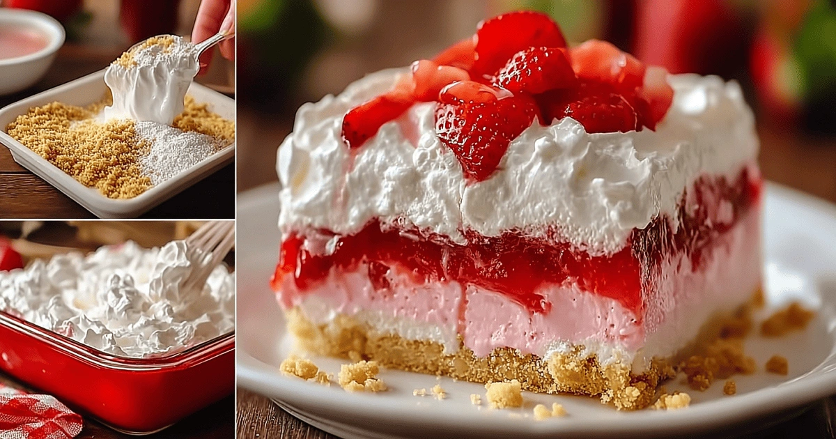 Step-by-step process collage for making no-bake strawberry lasagna, showing crust, cheesecake layer, strawberry gelatin filling, and final dessert slice