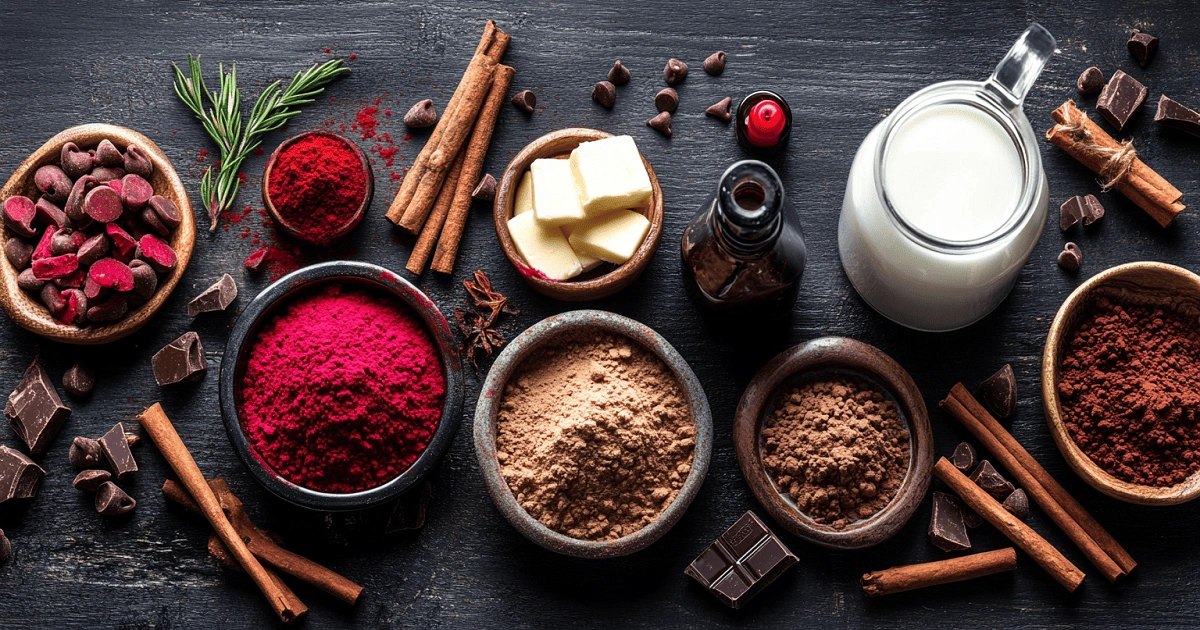 Red Velvet Cinnamon Roll Ingredients with Cocoa, Beet Powder, and Cinnamon