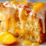 Moist slice of irresistible summer peach cake drizzled with peach glaze and served with fresh peach slices