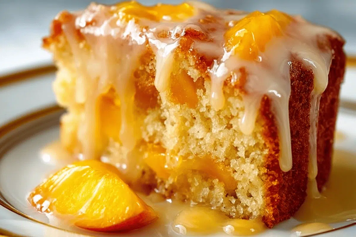 Moist slice of irresistible summer peach cake drizzled with peach glaze and served with fresh peach slices