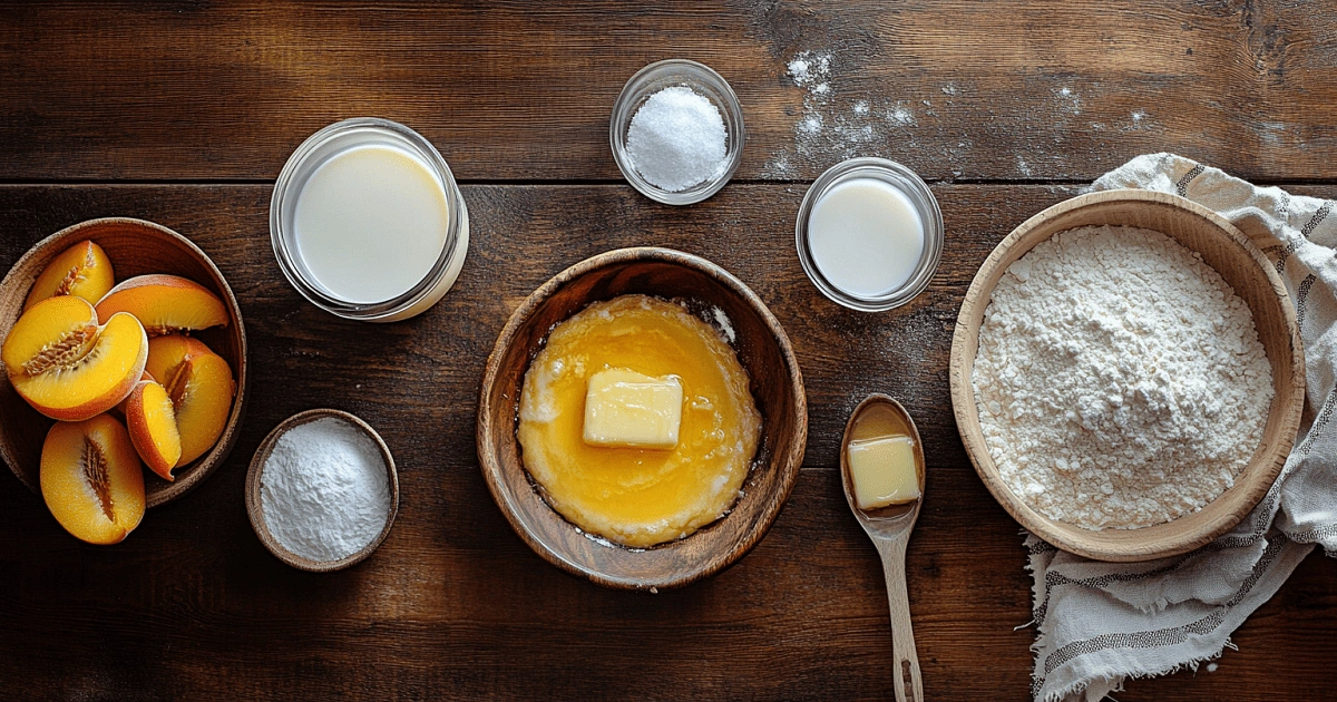 Lazy Man’s Pie Peach Cobbler ingredients arranged on rustic wooden countertop in natural light