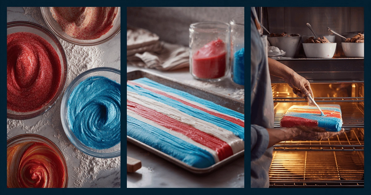 Red white and blue cake roll batter being mixed, layered in a baking tray, and placed into the oven to make Red, White & Blue Oreo Cake Roll Explosion