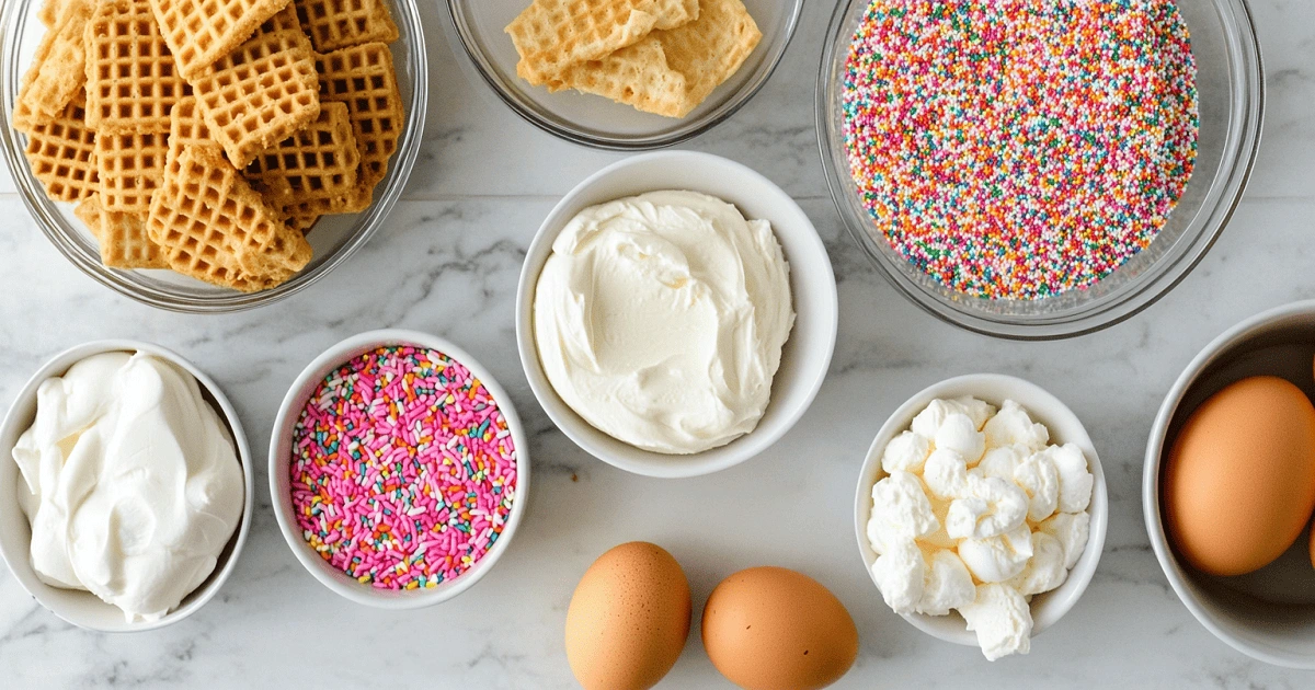 Ingredients for Mini Funfetti Cheesecakes including cream cheese, sour cream, sprinkles, eggs, and waffle cookies
