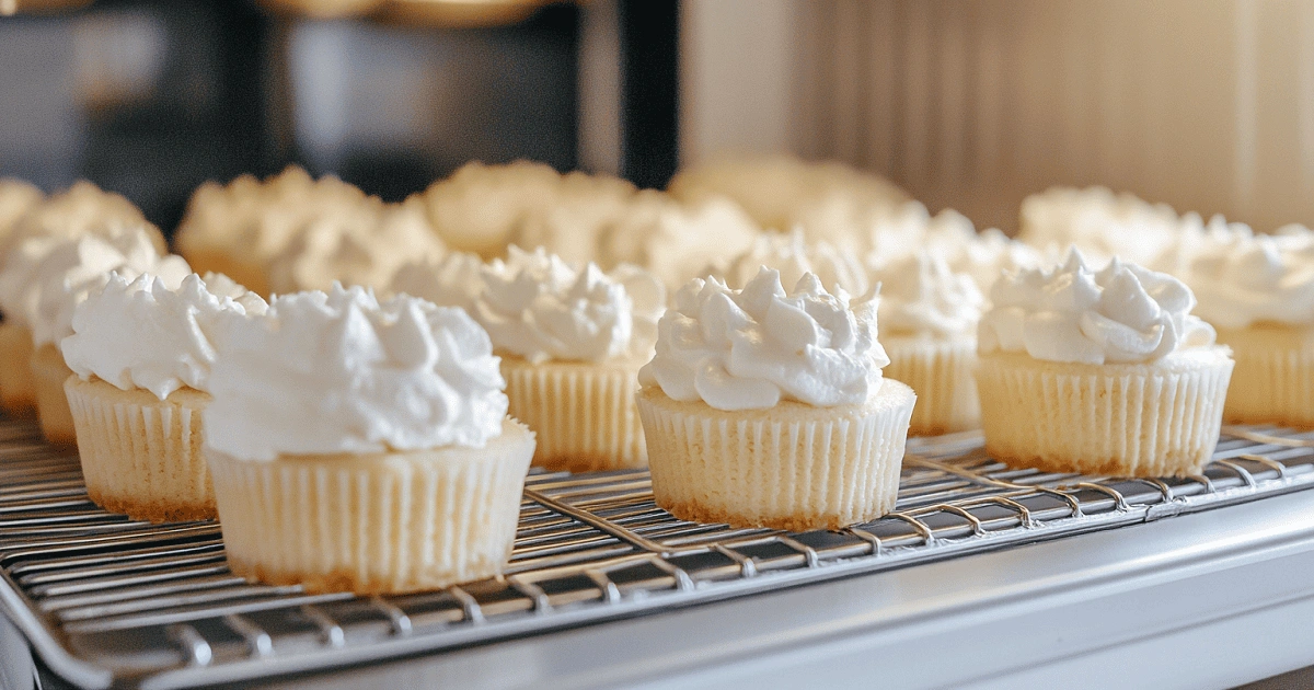 No-bake mini funfetti cheesecakes on a cooling rack with whipped cream topping in the fridge