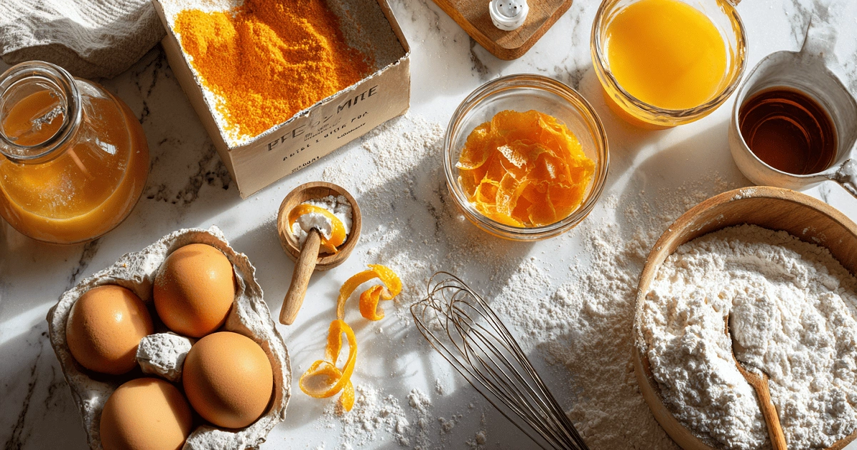 Flat lay of Orange Creamsicle Cake ingredients including cake mix, orange juice, gelatin, eggs, vanilla, and zest