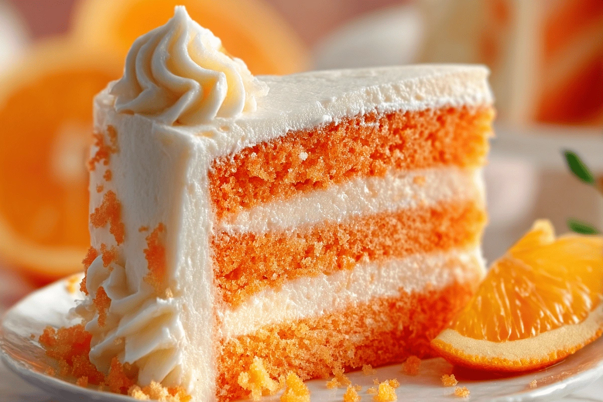 Orange Creamsicle Cake slice with vanilla frosting and bright orange layers