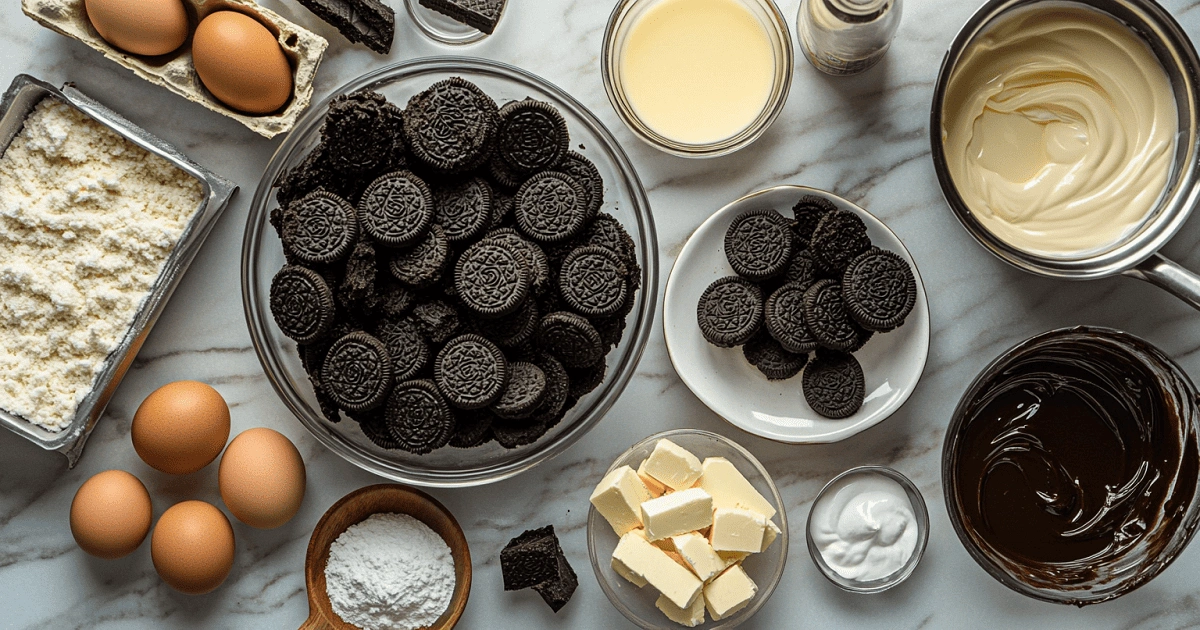 top-down view of classic Oreo cheesecake ingredients including Oreos, cream cheese, eggs, sugar, butter, and ganache components
