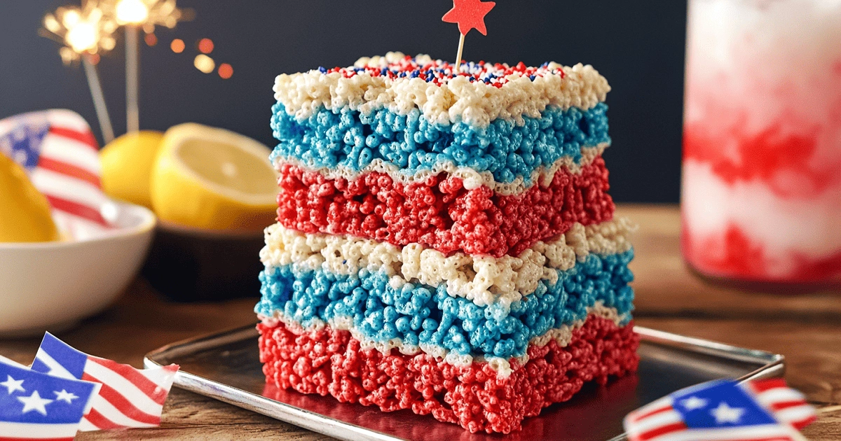 4th of July Rice Krispies Treats with red, white, and blue layers stacked on a tray