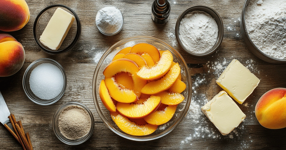 Ingredients for Heavenly Summer Peach Bars including fresh peaches, flour, sugar, butter, and cinnamon on a rustic counter