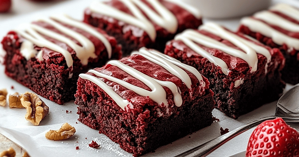 sliced fudgy red velvet brownies topped with cream cheese drizzle on parchment