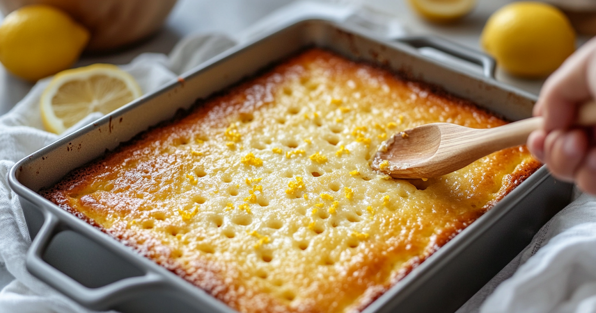Poking holes in a warm lemon cake using a wooden spoon for Strawberry Lemonade Poke Cake