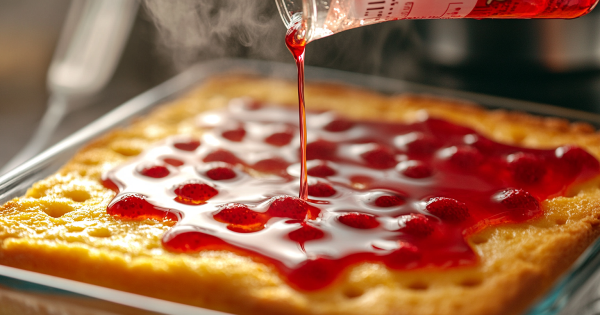 Pouring strawberry Jell-O into poke holes on a warm lemon cake for Strawberry Lemonade Poke Cake