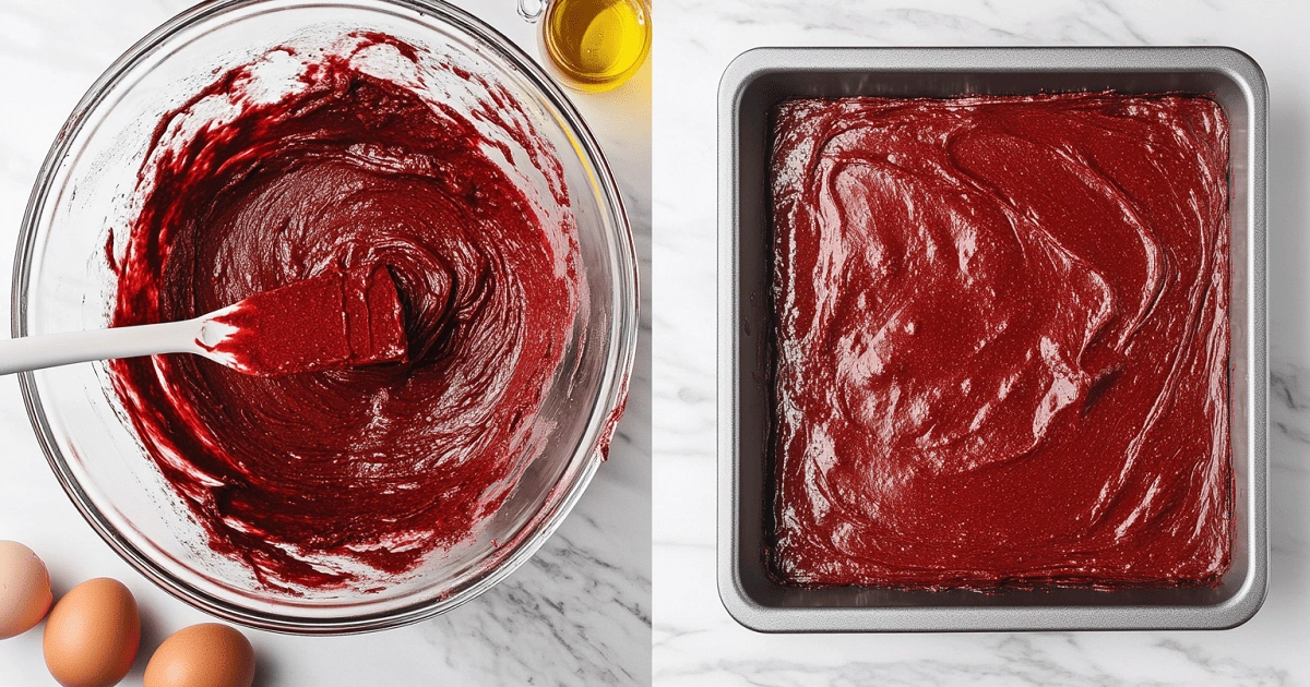 Red velvet brownie batter in bowl and spread evenly in a baking pan