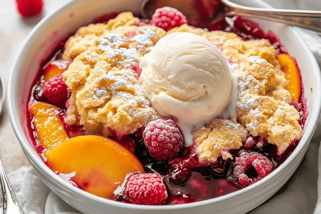 Raspberry peach cobbler topped with vanilla ice cream and powdered sugar
