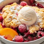 Raspberry peach cobbler topped with vanilla ice cream and powdered sugar