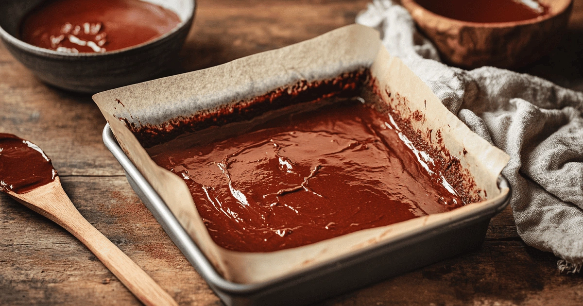 red velvet brownie batter in a parchment-lined pan ready to bake