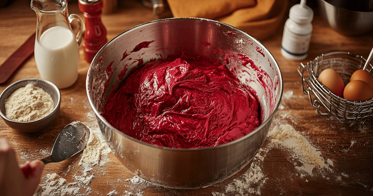 Red Velvet Dough Being Mixed in Bowl with Baking Ingredients Around