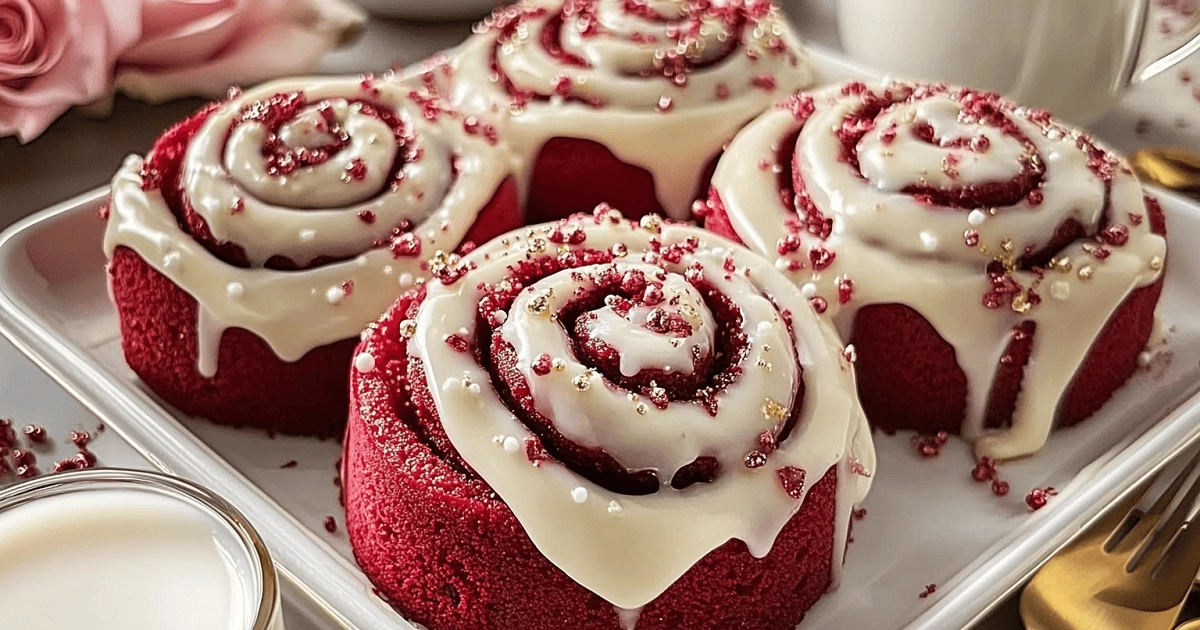 Red Velvet Cinnamon Rolls with Cream Cheese Frosting and Festive Sprinkles on a Party Platter
