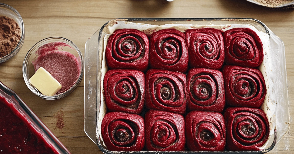 Unbaked Red Velvet Cinnamon Rolls in Glass Dish with Filling Ingredients