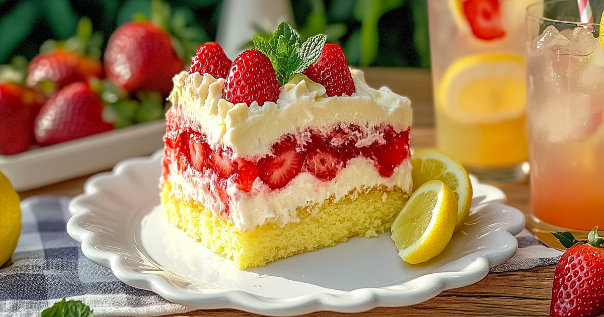 Slice of Strawberry Lemonade Poke Cake on a white plate with strawberries, lemon slices, and summer drinks