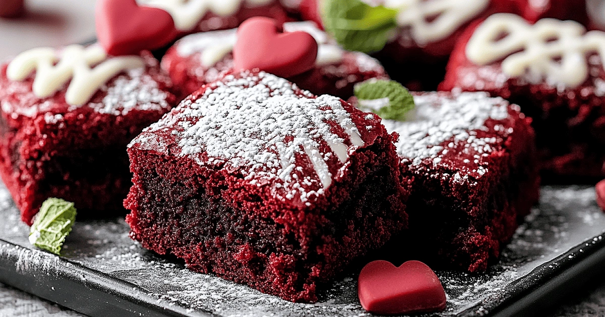 fudgy red velvet brownies with powdered sugar and cream cheese drizzle on a decorated serving tray