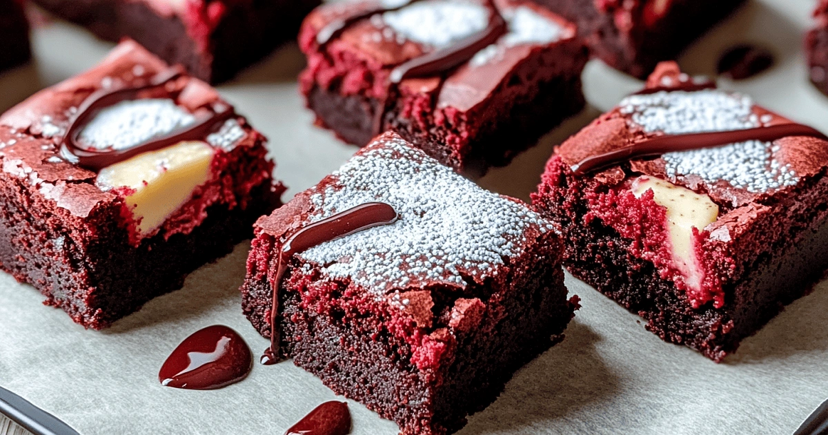 Sliced cake mix red velvet cheesecake brownies with chocolate drizzle