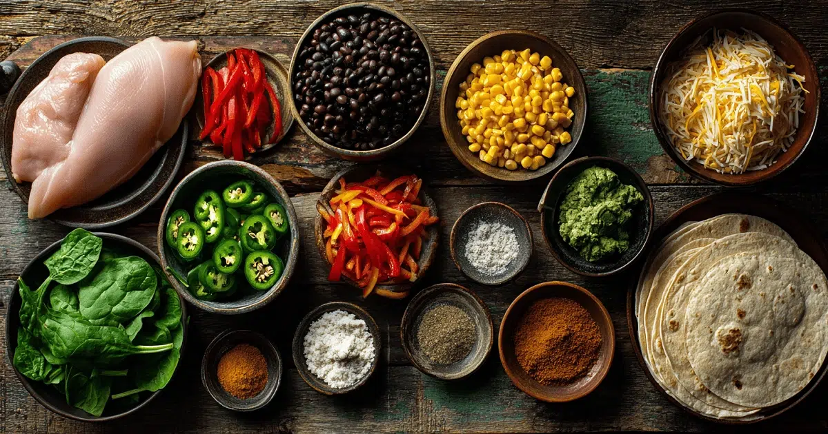 Flat lay of fresh ingredients for Southwestern egg rolls including chicken, beans, corn, peppers, cheese, tortillas, and spices