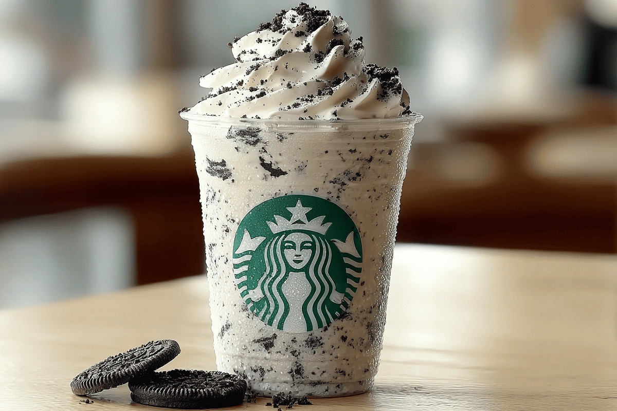 Starbucks Oreo Frappuccino Copycat topped with whipped cream and cookie crumbles