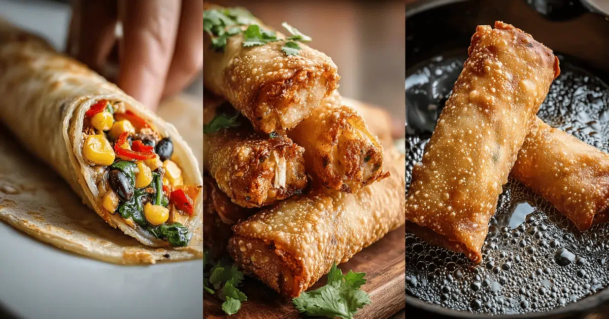 Three-step process of making Southwestern egg rolls: rolling the filling, freezing on tray, and frying in skillet