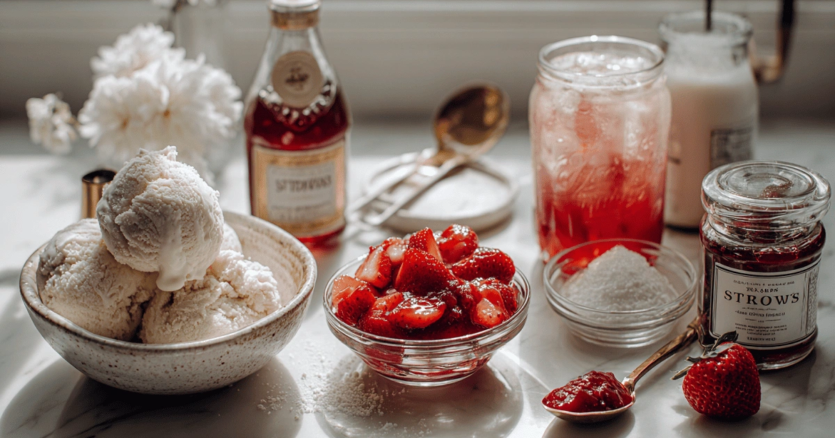 Essential ingredients for a homemade strawberry ice cream float including vanilla ice cream, macerated strawberries, strawberry soda, and syrup on a marble counter.