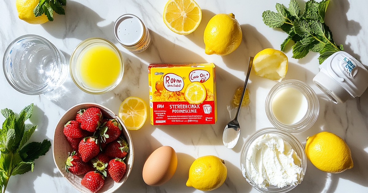 Beautiful flat lay of Strawberry Lemonade Poke Cake ingredients including lemons, strawberries, lemon cake mix, Jell-O, pudding, and Cool Whip