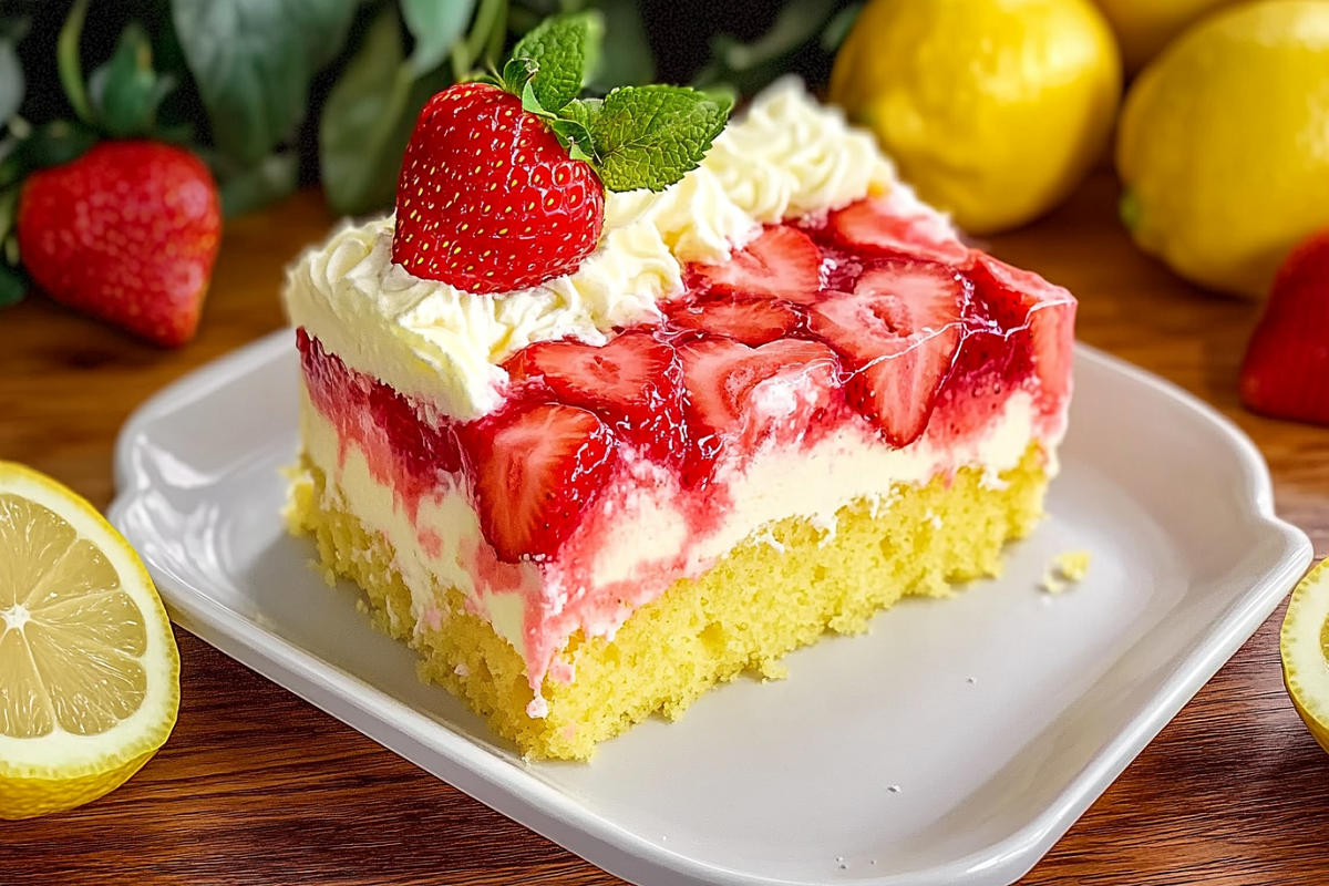 Slice of strawberry lemonade poke cake with whipped topping