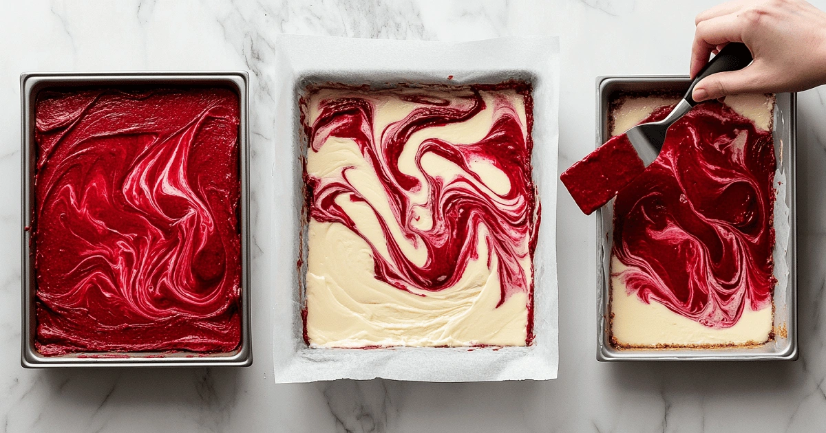 Swirling red velvet and cheesecake batters in baking pans for marbled brownies