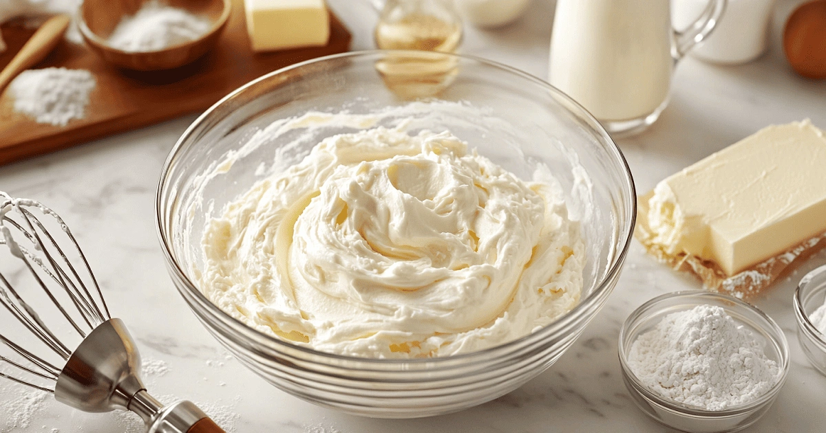 Cream Cheese Frosting for Red Velvet Cinnamon Rolls in Mixing Bowl