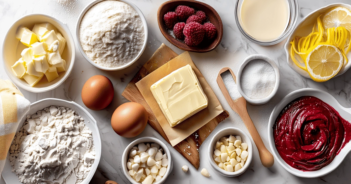 White chocolate lemon raspberry cookie ingredients including butter, flour, sugar, eggs, preserves, and lemon zest