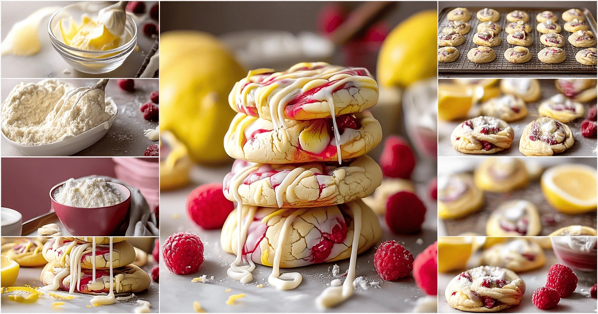 Step-by-step collage showing how to make White Chocolate Lemon Raspberry Cookies with raspberry swirl and white chocolate drizzle