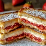 Air fryer strawberry cheesecake sandwiches sliced with creamy filling