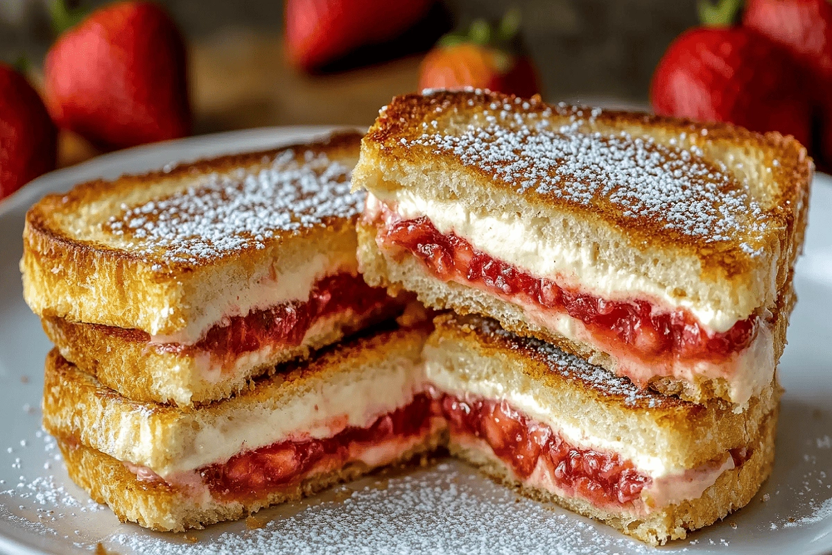 Air fryer strawberry cheesecake sandwiches sliced with creamy filling