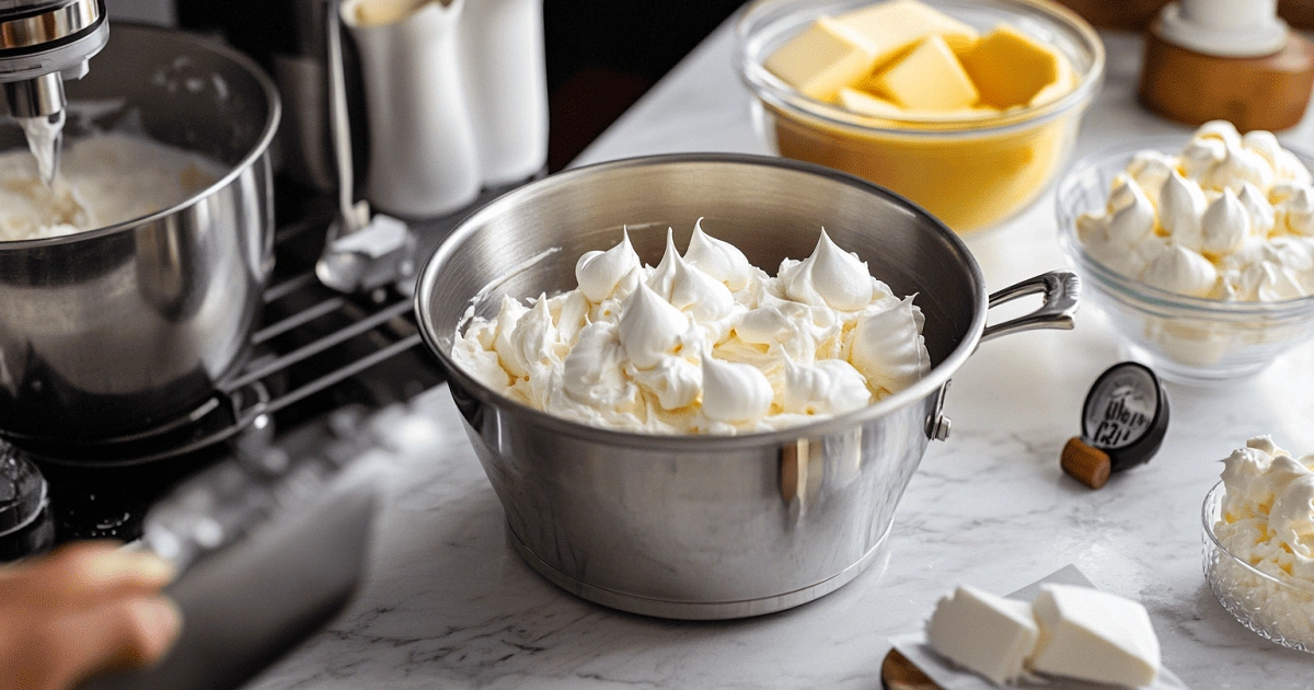 Silky Swiss meringue frosting whipped in a mixing bowl for butterscotch crunch cake