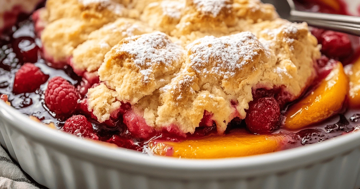Assembling raspberry peach cobbler before baking