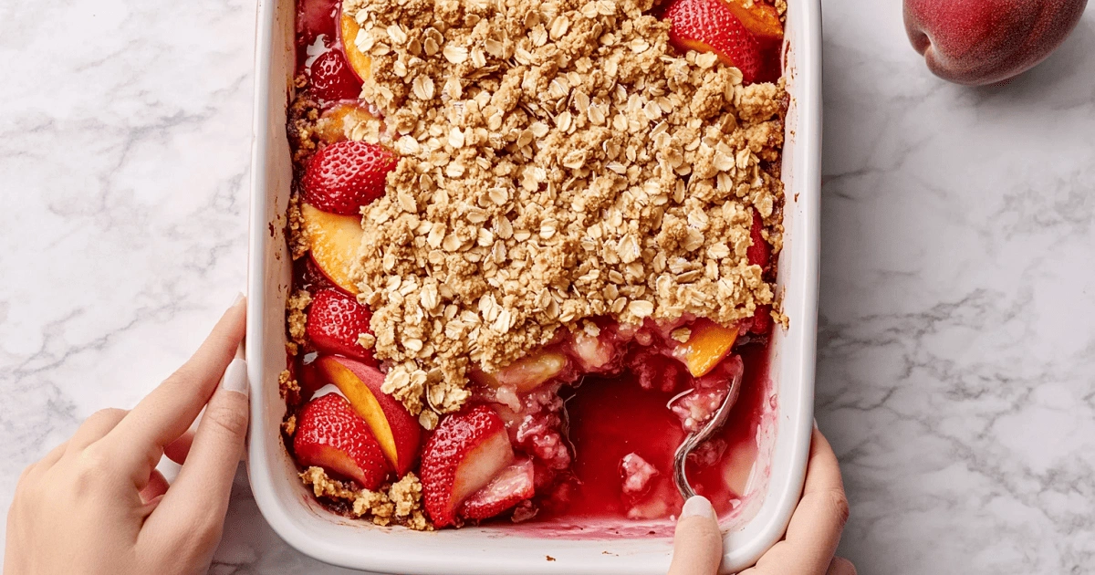 Layering fruit and crumble for a strawberry peach crisp
