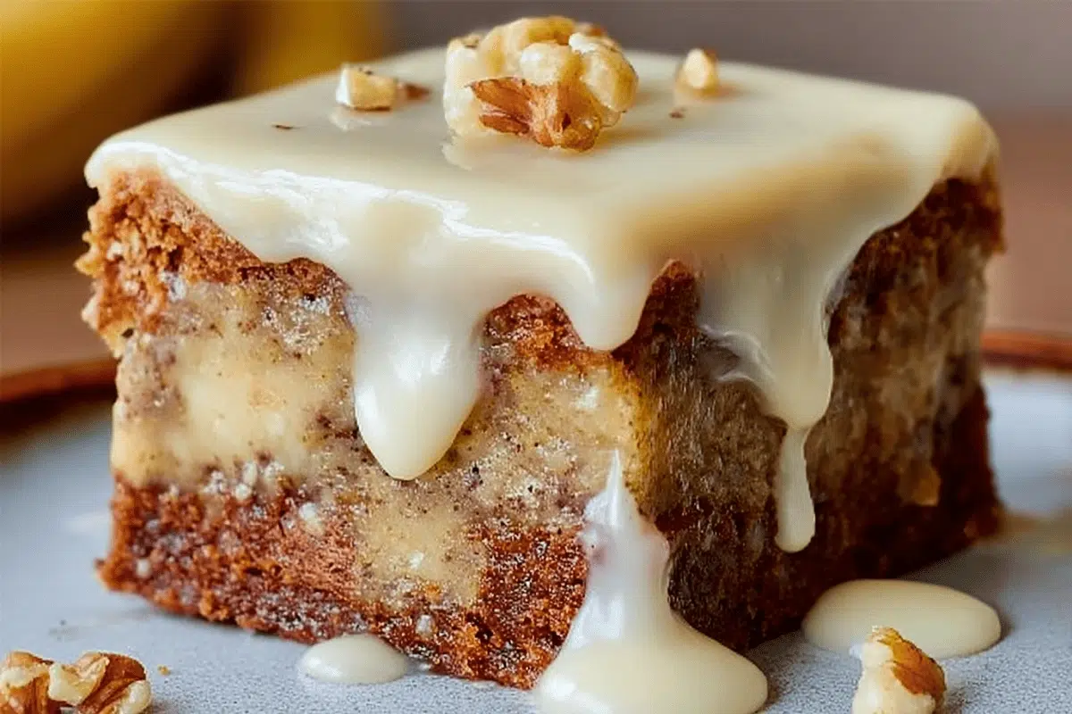 Moist banana bread brownies with glaze