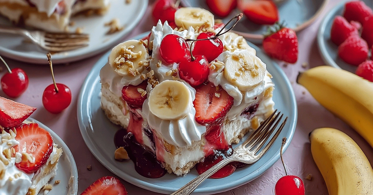 Banana split cake served on plates at summer party